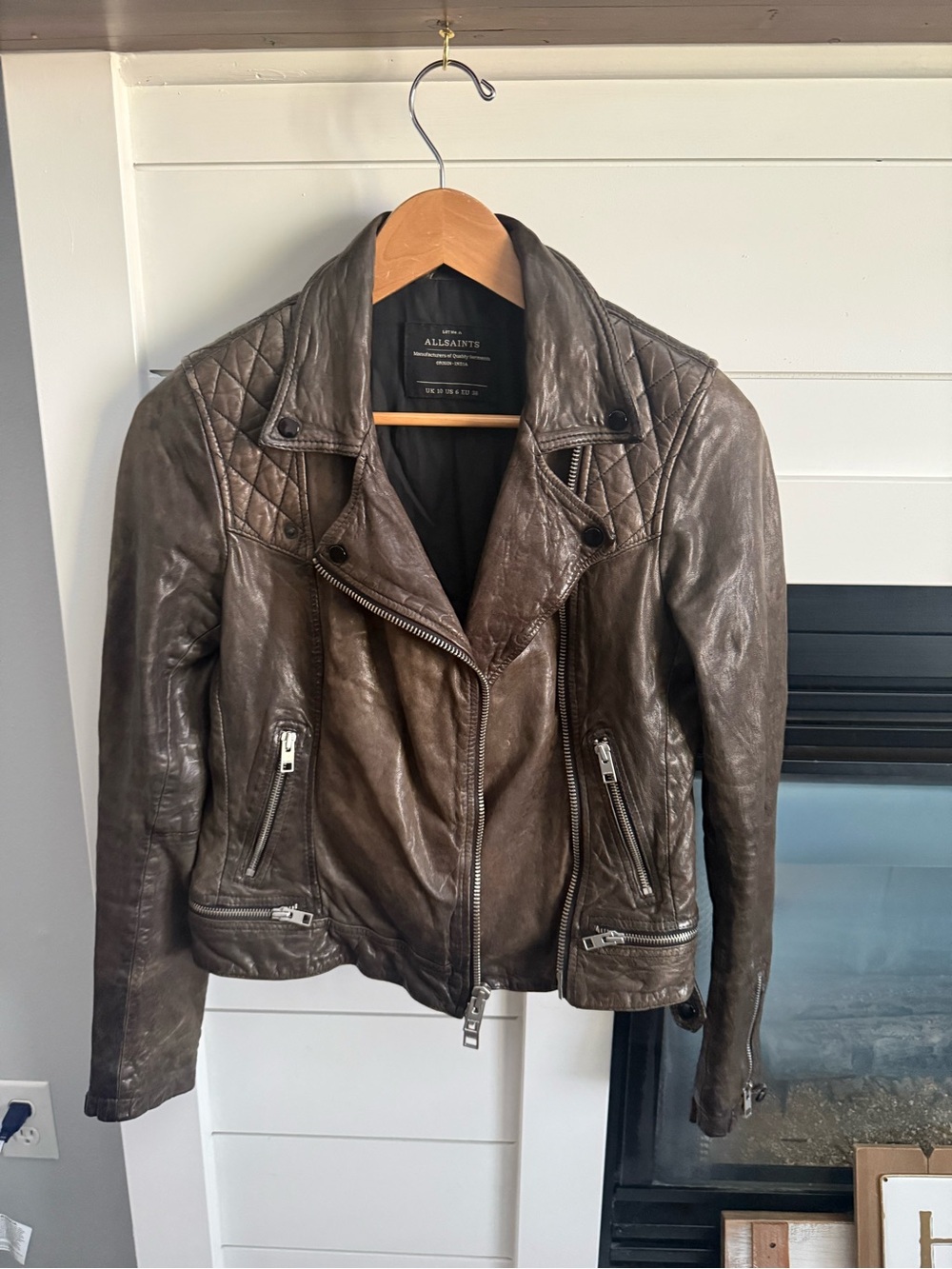 All Saints classic patterned sleeves Brown Leather Biker Jacket size small